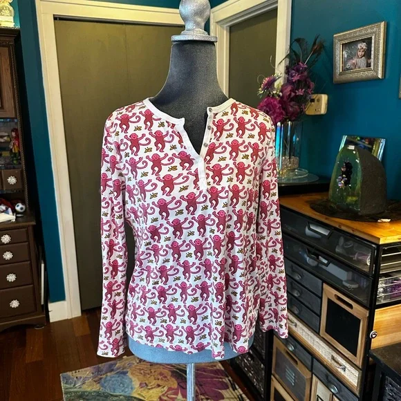 Roller Rabbit Pink Monkey Print Long Sleeve Pajama Set - Picture 2 of 6